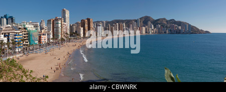 Benidorm`s Levante beach, attractive panoramic front hotels and apartments. looking from the castle headland to the north Stock Photo